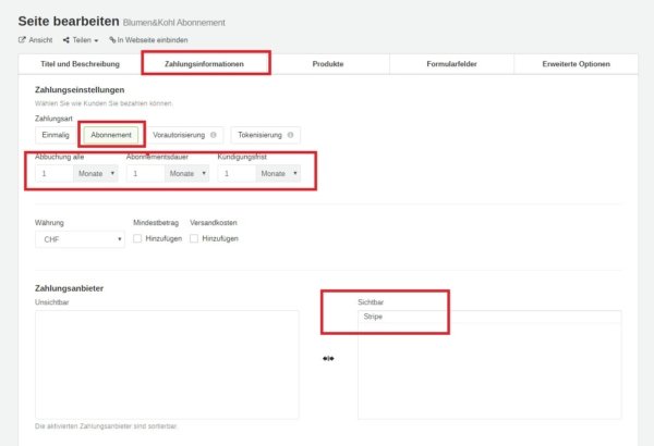 Shopeinstellung für Abozahlung